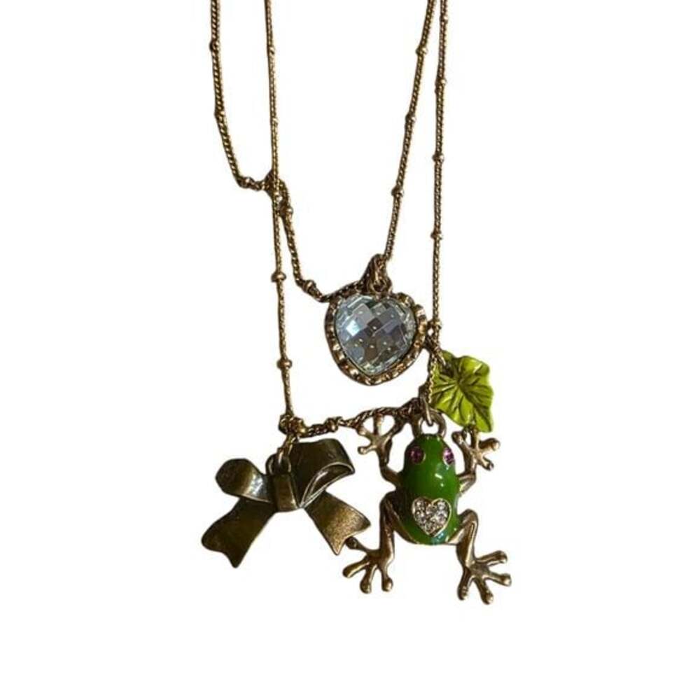 Betsey Johnson Gold Tone Frog & Bow Charm Layered Necklace - Picture 4 of 5